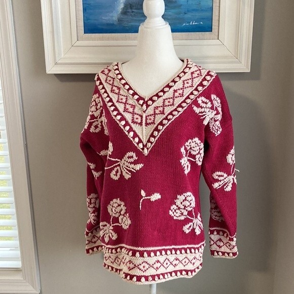 Vintage Cie International Magenta Pink Beaded Floral Hand-Knitted Sweater XS - Picture 3 of 14